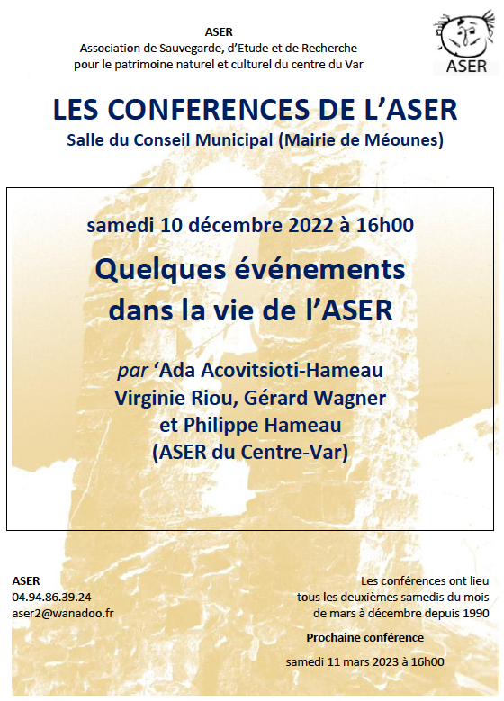 Quelques événements dans la vie de l’ASER @ Salle du Conseil Municipal – Mairie de Méounes-lès-Montrieux